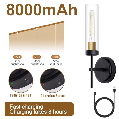 Image of Wall Sconces,Battery Operated Wall Sconce 8000mAh Black Fast Chargin Endurance 100 Hours Infinitely Dimmable 2 Color Temperature Bulbs with Remote Control Wireless Wall Lights for Bedroom Living