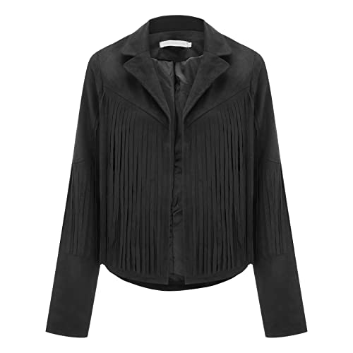 Women Front Fringe Trim Long Sleeve Drop Shoulder Trendy Tassel Coat Jacket Faux Suede Leather Cowboy Style Coat Lapel Tops Black #TOP4
