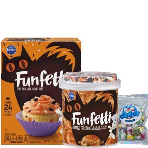 Pillsbury Funfetti Halloween Bundle Cake Mix with Candy Bits and Gluten Free Vanilla Frosting for a Fun Filled Halloween Cupcake Baking Event with 1 oz Candy Freezer Freeze Dried Skittz Treats