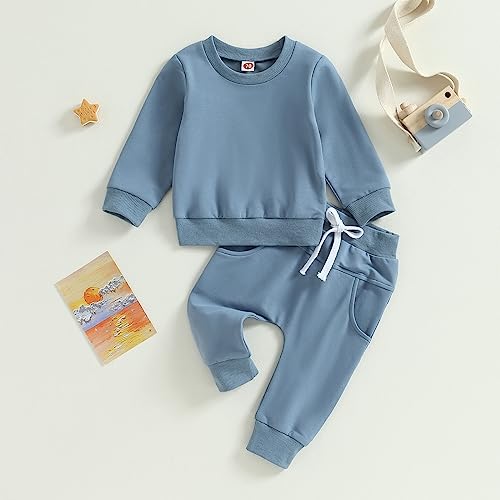 Thorn Tree Toddler Baby Boys Fall Outfits Long Sleeve Pull On Sweatshirt Elastic Waist Pants 2Pcs Solid Clothes Set2