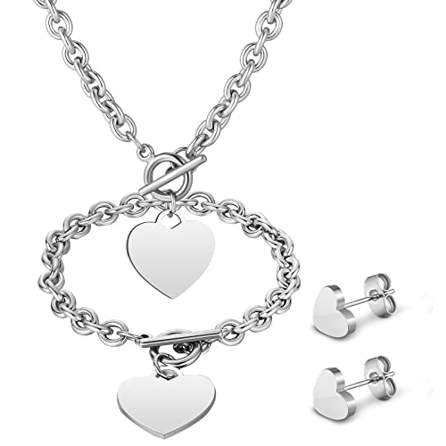 Bucherry 3 Pcs Heart Jewelry Set Heart Pendant Chain Toggle Necklace with Bracelet Earrings Stainless Steel Link Chain for Women Christmas Valentine Gift