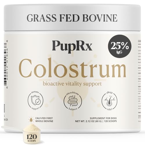 PupRx Colostrum for Dogs - 25% IgG Pure Bovine Colostrum Powder Supports Immune & Gut - Digestive Health, Allergy, Skin & Itch Relief - No Fillers, Grass-Fed USA Sourced – 60g (~120 Scoops)