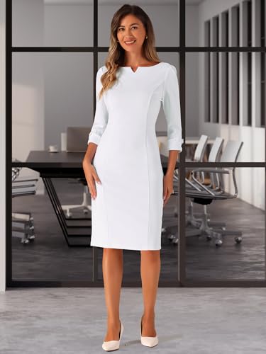 Image of Allegra K Work Dress for Women 3 /4 Sleeve Boat Neck Back Slit Sheath 2026 Professional Bodycon Business Casual Dresses
