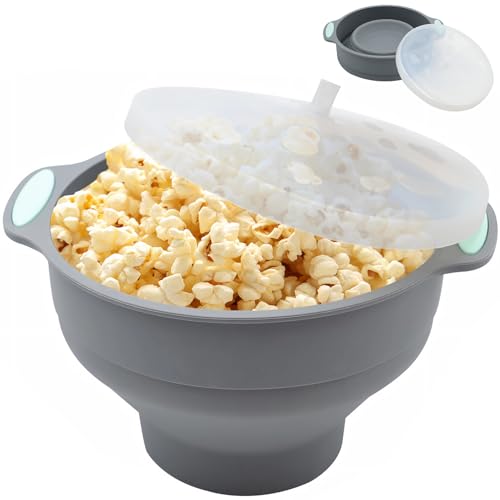 Silicone Popcorn Bowl Collapsible Microwave Popcorn Popper Foldable High Temperature Resistant Hot Air Popper Bowl with Lid & Handles for Oven Dishwasher Movie Nights Home Cinema Party (Grey)