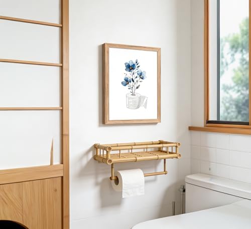 Framed bathroom Canvas Wall Art with blue flowers embellishing toilet paper Painting Picture Wall Decor elegant floral bathroom Poster Print Artwork forliving room bedroom restroom Home Decoration - 2