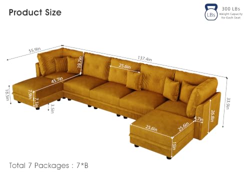 Image of LLappuil Modular Sectional Sofa with Storage, U-Shaped 7-Seat Corduroy Couch with 7 Throw Pillows, Pet-Friendly Convertible Sofa for Living Room & Apartment, Skin-Friendly, Yellow