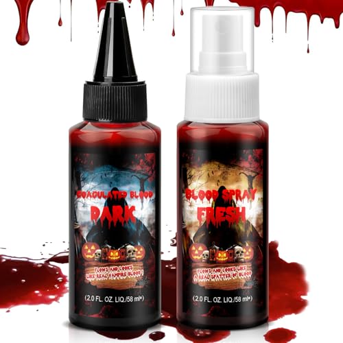 KHOLEZ Halloween Kunstblut Set, Halloween Schminke, Kunstblut Spray und Tropfendes Kunstblut, Kunstblut Halloween Sicher Auswaschbar Kunstblut für Kleidung, Vampir, Zombie Braut, Wunden, Cosplay-2PCS
