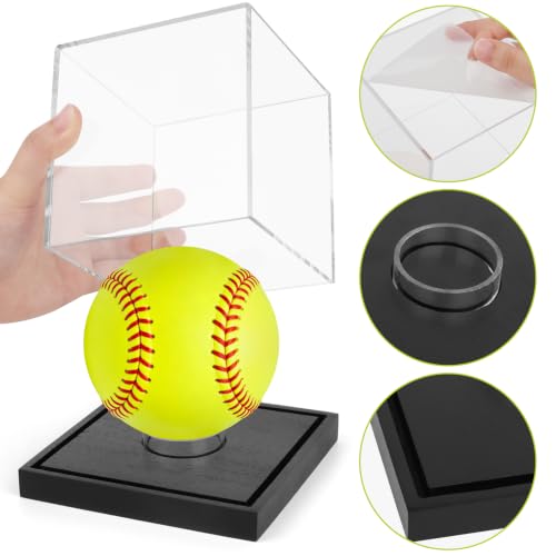 Image of Hooqict Softball Display Case Clear Acrylic Ball Holder Softball Holder Display Case UV Protected with Wood Base Stand Championship Sports Collections Box for Game Ball Baseball