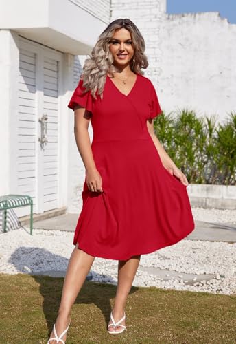 Image of Women's Plus Size Summer Dresses V Neck Ruffle Short Sleeve Casual Wrap A Line Midi Dress with Pockets