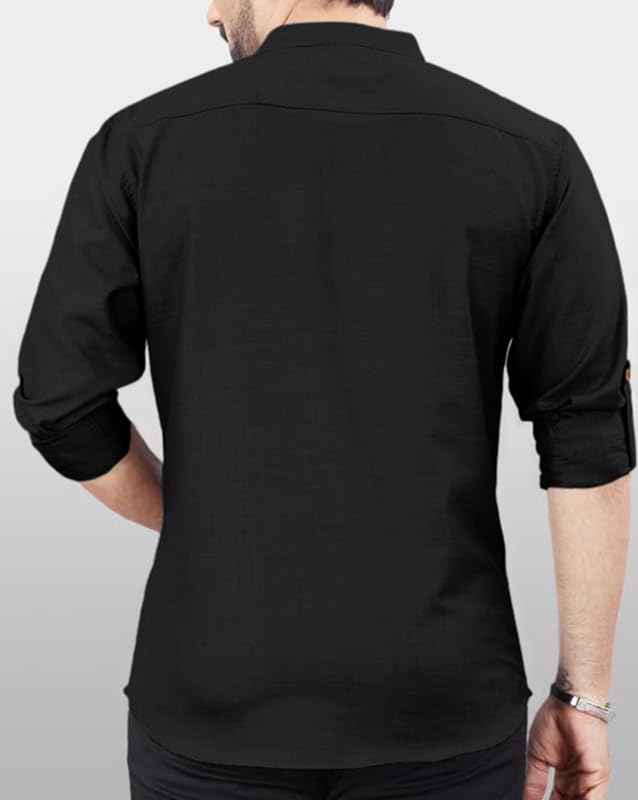 Image of FINIVO FASHION Men's Cotton Blend Kurta Style Shirt | Mandarin Collar Long Sleeve Casual Ethnic Shirt with Button Placket | Stylish Festival