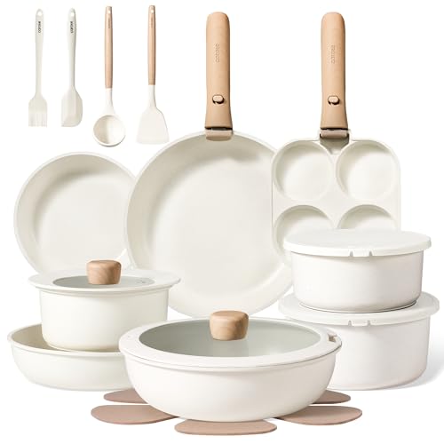 CAROTE Pots and Pans Set Non Stick, Cookware Sets, Kitchen Set, Oven/Dishwasher/Fridge Safe, Space Saving Pots Set, Nonstick Set with Versatile Detachable Handle, Induction RV Set, Cream
