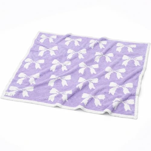Image of L+L USA DreamSoft Bow Baby Blanket for Girls - Soft Knit Stroller, Crib & Car Seat Blanket - Cozy Neutral Nursery Throw for Newborns, Infants & Toddlers - White /Lavender