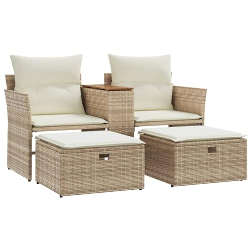 vidaXL Gartensofa 2-Sitzer, Outdoor Sofa mit eingebauter Ablage, Terrassensofa mit Hockern, Gartenmöbel Sofagarnitur Gartengarnitur, Beige Poly Rattan