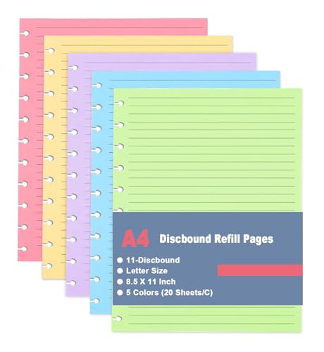 A4 TUL Discbound Lined Refill Paper 11 Disc Hole Punched Ruled Filler Paper Letter Size Refills Paper 5 Colors(20 Sheets/C) Total 100 Sheets/200 Pages College ruled 8.5 x 11 In