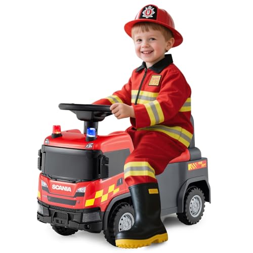 GOPLUS Kinder Rutschauto, 2 in 1 Schiebeauto, Feuerwehrwagen mit Lichtern,...