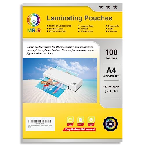 MR.R Laminierfolien laminierfolie, A4, glänzend 2x75 Mikron 100 Stück, transparent transparente Folie, klare und langlebige Präsentationen, ideale Steifigkeit für den täglichen Gebrauch