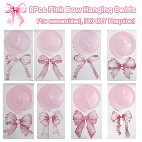 Image of Pink Bow Happy Birthday Banner Garland and Hanging Swirls for Girl Pink Bow Coquette Birthday Party Decorations