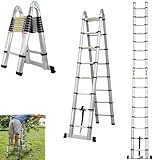 Escalera telescópica de 3,8 m con estabilizador, acero inoxidable reforzado, escalera extensible portátil multiusos con pies de goma antideslizantes, escalera extensible para techo, ático, caravana