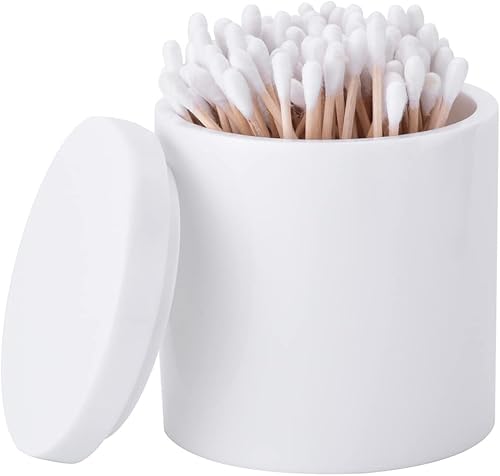 Soporte para hisopos de algodón con tapa, Blanco Qtip Holder Cuarto de baño, tarro de bola de algodón de resina tarro de cosméticos organizador de