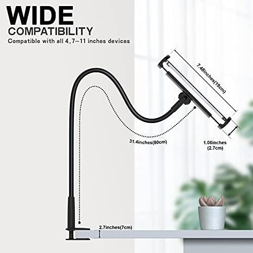 GRSTREE Phone Holder,360 Flexible Lazy Tablet Holder for Bed,with Adjustable 80CM 31.5 Long Arm Clamp Bracket Mount Stand for 4.7~10.5" iPhone/iPad Air/Pro/mini/Tablet/Switch(Black)