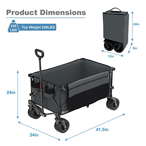 Mdeam Folding Collapsible Wagon,Large Capacity Outdoor Wagons Carts Heavy Duty Foldable Utility With Big All-Terrain Wheels &2 Side Pocket For Camping,Sports(Grey) #TOP6