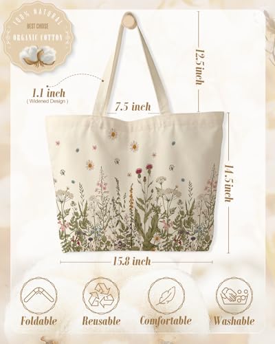 Miss Adola Large Tote Bag for Women - Canvas Tote Bag with Zipper Aesthetic Flower Grass Cotton Cloth Reusable Big Shoulder Bag for Shopping, Gym, Travel, Work