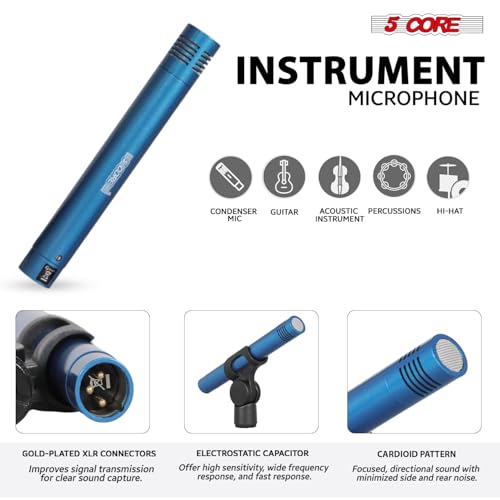 Image of 5 CORE 9 Piece Drum Microphone Set with 5 Dynamic Percussion Microphones Kick Bass, Tom /Snare and 4 Condenser Hi Hat & Cymbals Metal Mics w Thread Clip Mics Holder Blue