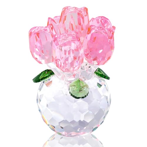 Crystal Pink Rose Bouquet Figurine Ornaments - Handmade Glass Flower Gifts for Wife Girlfriend, Mum Valentine's Day Anniversary Birthday Home Decor