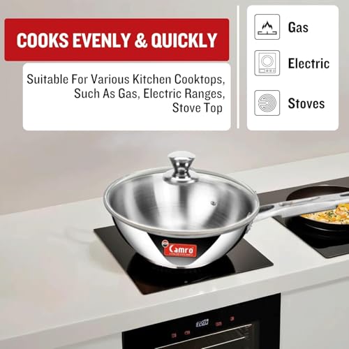 Image of Camro Triply Artisian Deep Fry Pan 1.8 Liters with Glass Lid | Steel Pan | Induction Friendly | Omelette | Gas Stove Compatible | Dishwasher Safe | 6 Years Warranty