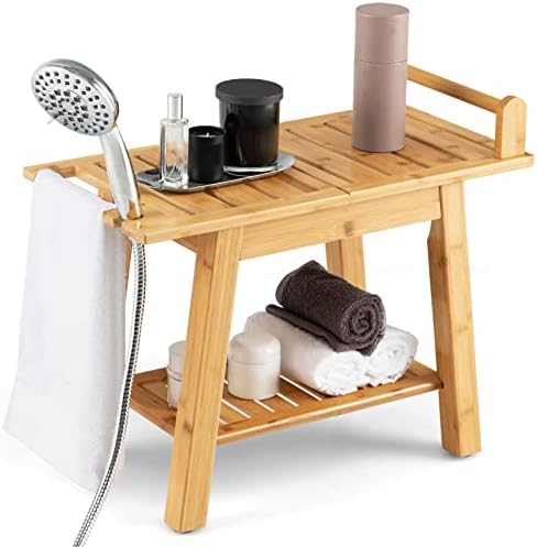 RELAX4LIFE Bamboo Shower Bench, 2-Tier Bathroom Spa Stool Seat with Storage Shelf & Non-Slip Feet, Inside Bath Stool Shower Seat for Disabled Elderly