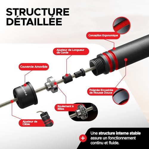 PORTENTUM Corde a sauter sport, Corde à Sauter Réglable pour Enfant & Adulte, Roulements à Billes en Acier, Poignées Antidérapantes en Mousse, Câble en Acier pour Fitness, Crossfit, Sport, Boxe 2.8M – vue 5