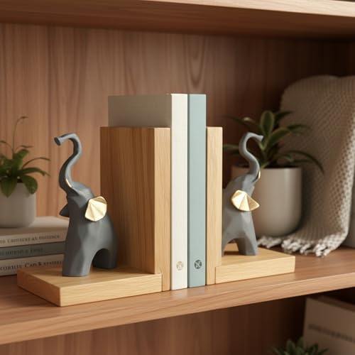 Image of eCraftIndia Wooden Book End and Set of 2 Cute Elephant Statues Animal Figurines Decorative Showpieces for Home Decor in Living Room Office