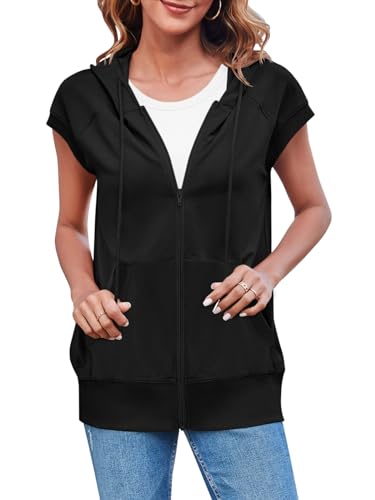 Fisoew Women's Sleeveless Zip Up Hoodies Casual Loose Fit Drawstring Sweatshirts Lightweight Jackets Vest with Pockets