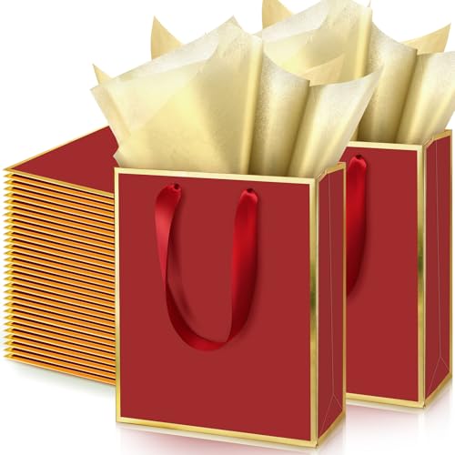 Yeaqee 50 Pack Metallic Gift Bags with Handles and Tissue Paper Gold Foil Thank You Gift Bag for Wedding Hotel Guest Fall Birthday Baby Shower Holiday Party Favors 9x7x3.15 (Burgundy Gold)