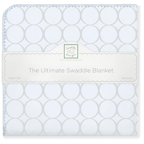 Image of SwaddleDesigns Large Receiving Blanket, Ultimate Swaddle for Baby Boys, Softest US Cotton Flannel, Best Shower Gift, Made in USA, Sterling Mod Circles on Sunwashed Blue (Mom's Choice Award Winner)