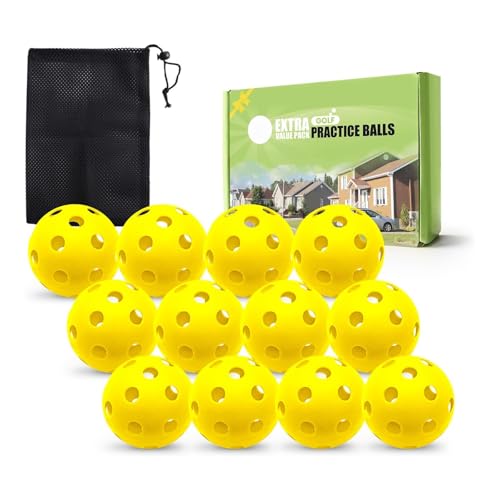 FINGER TEN Golf Practice Balls Plastic Colored Value 12/24/36 Pack, Limited Flight Sports Training Ball for Men Women, Indoor Outdoor Driving Range Backyard Use (Yellow, 12 Pack)