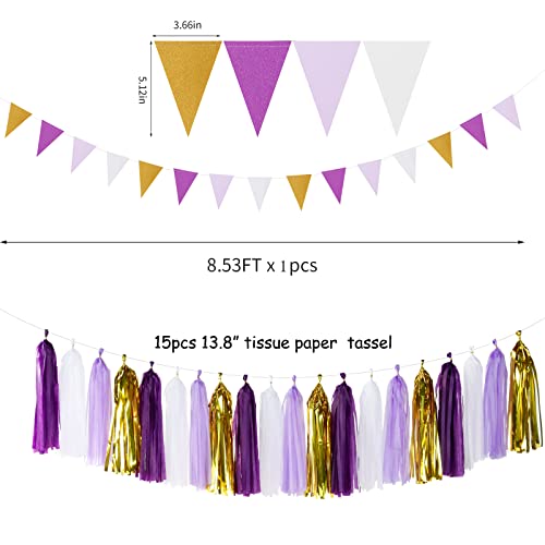 Image of Purple Gold Graduation Decorations - 30pcs Kits Lavender White Paper Flowers,Banner Flags,Tassel Streamer Garland Engagement Girl Baby Bridal Shower Party Decoration Lasting Surprise
