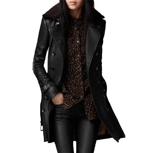 JEKE-DG Women's Faux Leather Slim Fit Winter Coat Mid-Length Belted Casual Coat Jacket Button Down Lapel Biker Coats