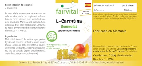 Fairvital | L-carnitine gummies - 60 stuks - 1000mg per dagelijkse dosis - mangosmaak - hooggedoseerd - 100% veganistisch + suikervrij - kwaliteitstest en hooggedoseerd - gemaakt in Duitsland - Afbeelding 6