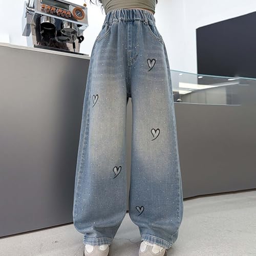 Jean fille strass cœur à coupe ample haute et taille ajustable confortable