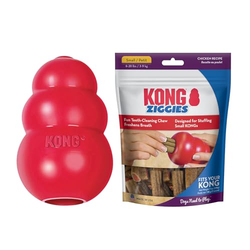 KONG Classic Toy & Ziggies Treats Combo Pack - Durable Chew Toy for Dogs - with Ziggies Chicken-Flavored Treats - Dog Accessories for Fun & Health - for Small Dogs