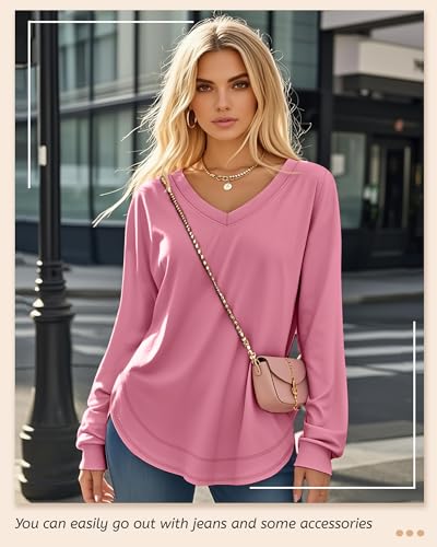 Riyiper 3 Pack Women's Long Sleeve Sweatshirts, Cotton V Neck Tops Loose Fit Curved Hem Tunic Tops Basic Casual Fall Shirts3