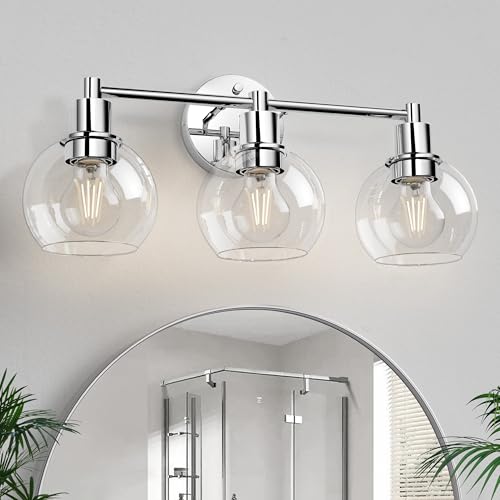 Image of 3 Lights Bathroom Vanity Light Fixtures Chrome, Bathroom Lights Over Mirror, Industrial and Farmhouse 3 Light Wall Sconce, Polished Chrome Globe Vanity Lighting Fixtures