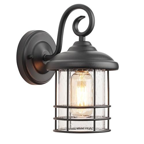 Image of MICSIU Narrow 5.5 inch Wide Black Single Porch Light, 9.8 inch H Modern Farmhouse | Seedy Glass Outside Fixture, Vintage Round Outdoor Wall Sconce For Small Sidelight, Front Door, Garage
