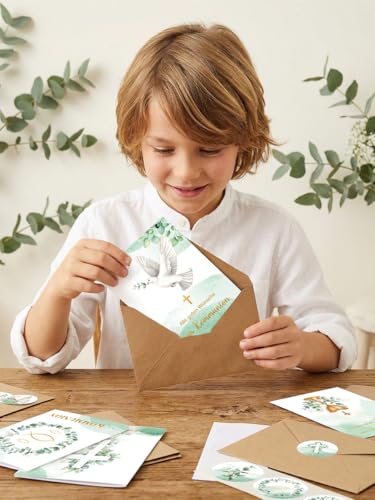 12er Kommunionkarten mit Umschlag Siegel-Aufklebern Set, Kommunionkarten Glückwunsch Erstkommunion Karte mit Eukalyptus Design, A6, Premium Motive Klappkarten Kommunion Jungen & Mädchen