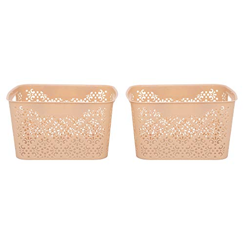Image of Cutting Edge Essentials Plastic Storage Baskets /Shelf /Turkish Rack without Lid - Set of 2 for Fruit Vegetable Bathroom Stationary Home Basket with Handle (Beige, Large)