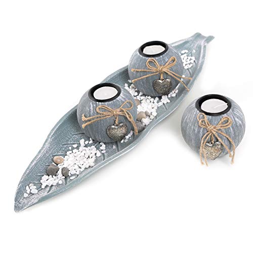 Logbuch-Verlag Set de décoration à poser - Gris/bleu - Photophore avec bol et pierres décoratives - Coffret cadeau - Décoration de table