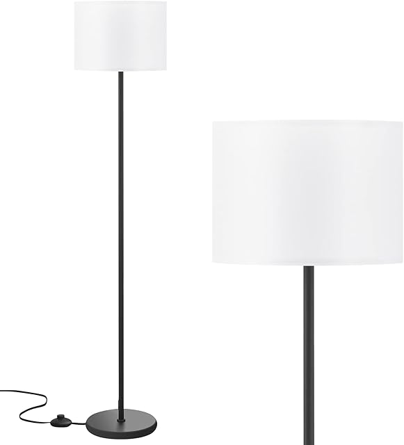 Aooshine LED White Floor Lamp Simple Design, Modern Floor Lamp with Shade, Tall Lamps for Living Room, Standing Lamp for Bedroom Office Dining Room, Black Pole Lamp with Foot Switch (Without Bulb)