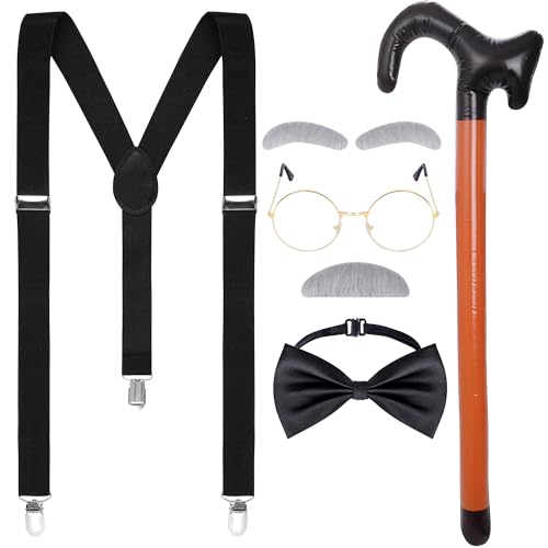Dxhycc Old Man Costume for Kids Men Grandpa Costume Accessories Including Glasses Suspenders Bow Tie Inflatable Cane Moustache and Eyebrows Set