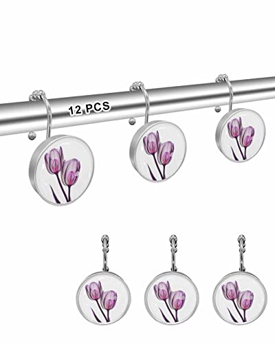 Shower Curtain Hooks for Bathroom, Abstract Transparent Purple Flower Tulip Stainless Steel Rust-Proof Shower Hooks Round Crystal Glass Shower Curtain Rings for Bathroom - Set of 12